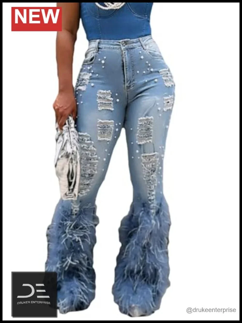 High Waisted Flared Pearl Ripped Jeans Womens Stretch Bell Bottom Denim